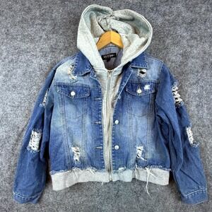 Thrill Jeans Hybrid Hoodie Jacket Women Large Blue Denim Distressed Streetwear